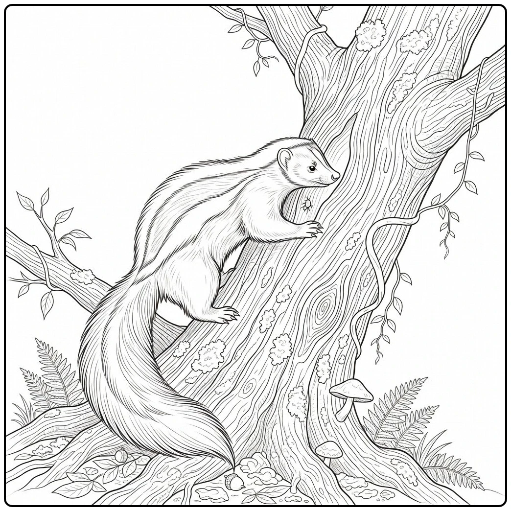 Climbing skunk grips a textured tree trunk surrounded by vines, ferns, and mushrooms