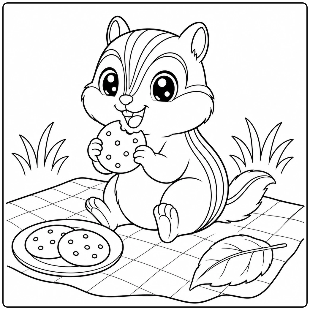 Chipmunk coloring page with a big-eyed chipmunk eating a cookie on a picnic cloth
