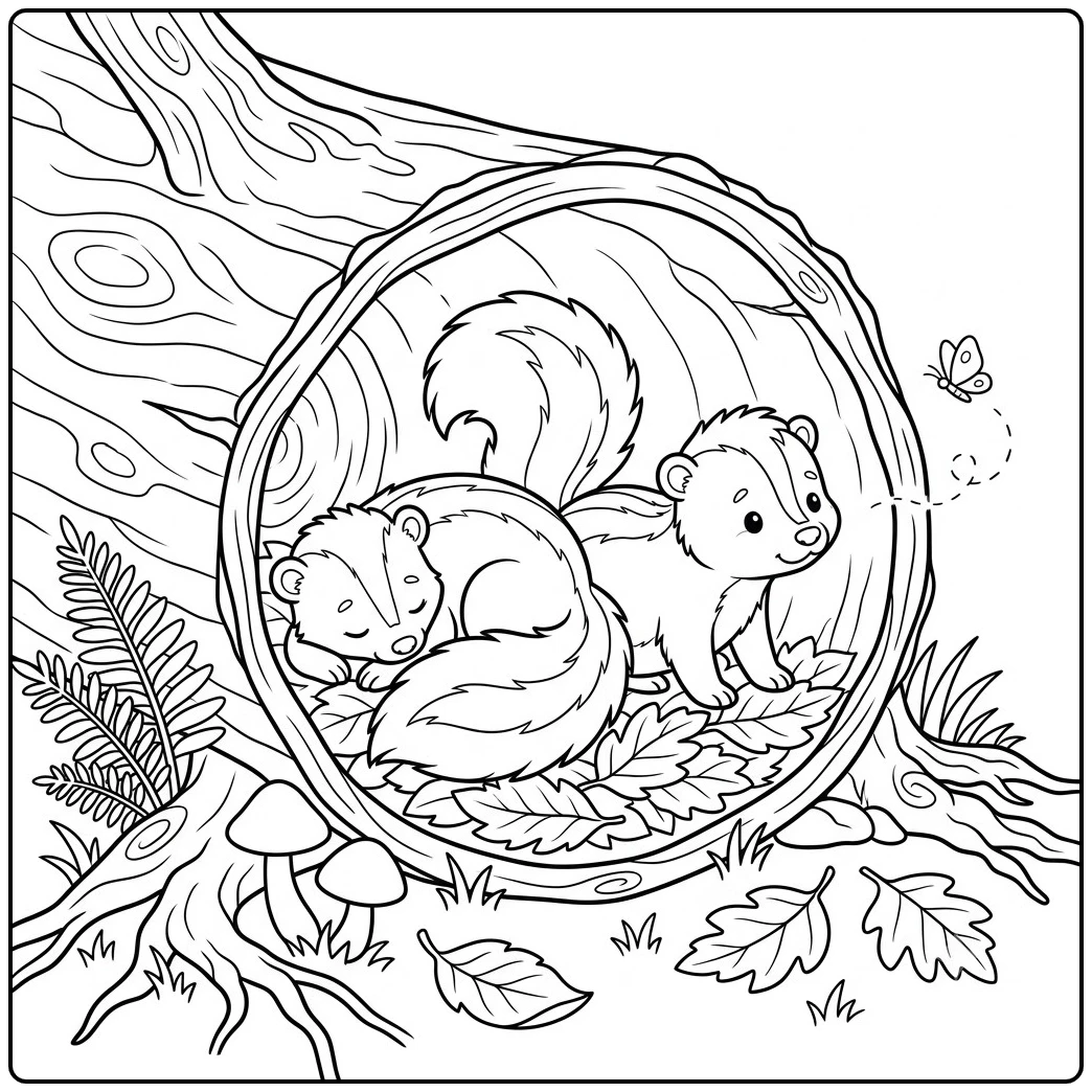 Two baby skunks rest inside a hollow log with leaves, mushrooms, and a butterfly