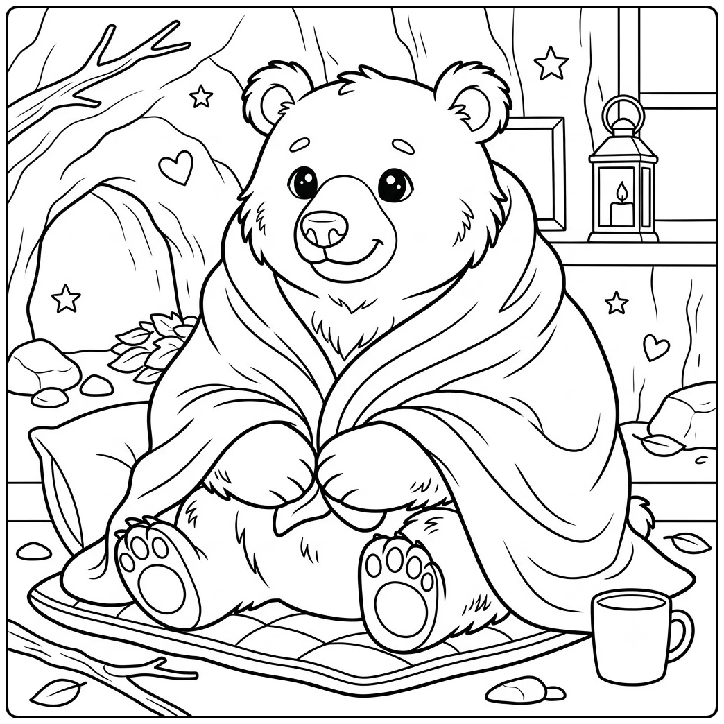 Cozy bear wrapped in a blanket sits by a lantern and mug inside a woodland shelter.