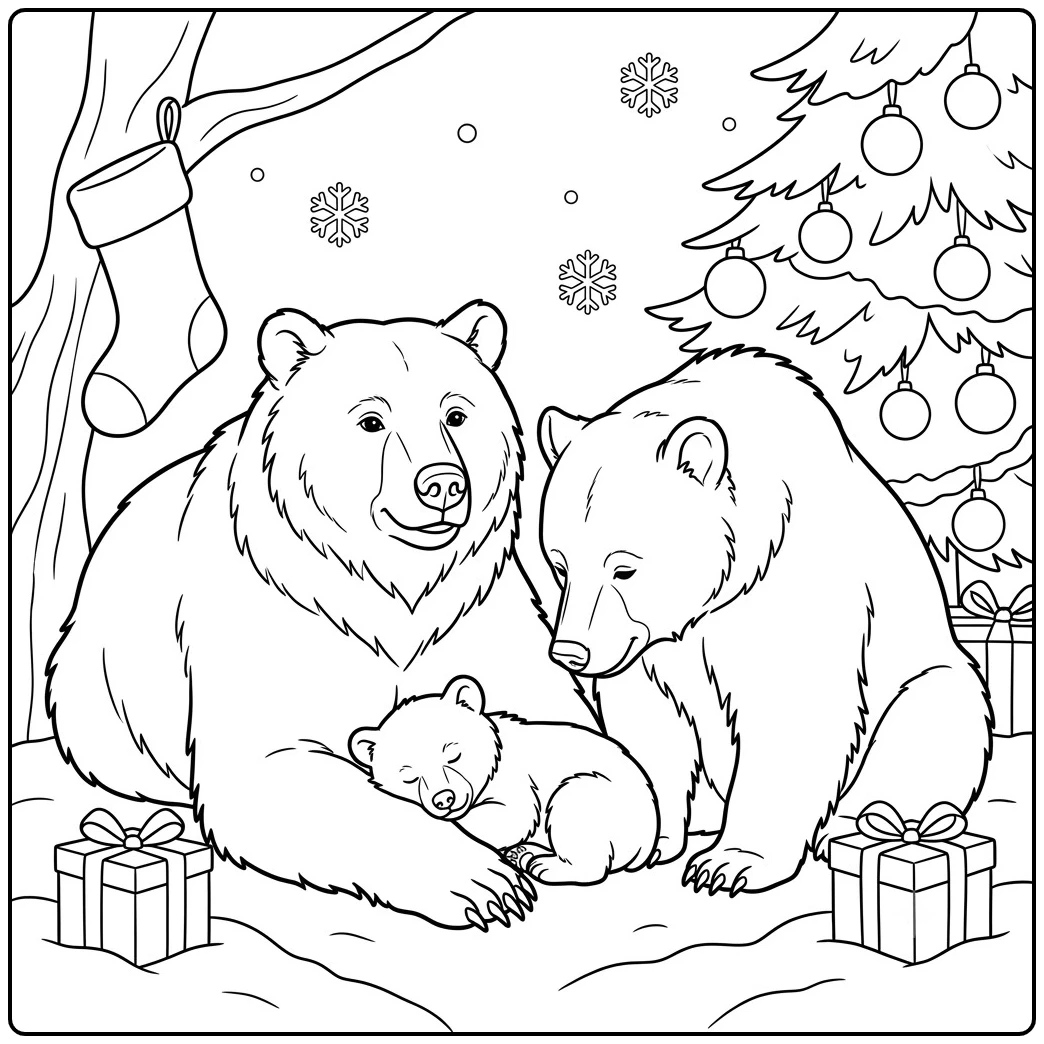 Brown bear family resting by gifts and a decorated Christmas tree in snow