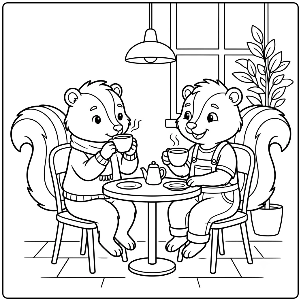 Two dressed skunks sip hot drinks together at a cozy café table
