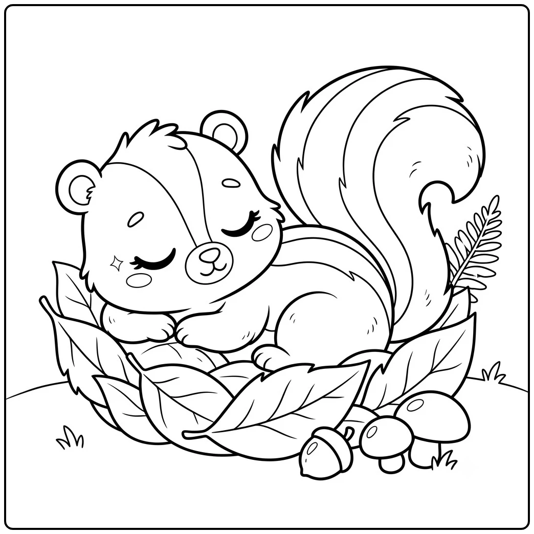 Sleeping baby skunk curls into a soft leaf nest beside mushrooms and an acorn