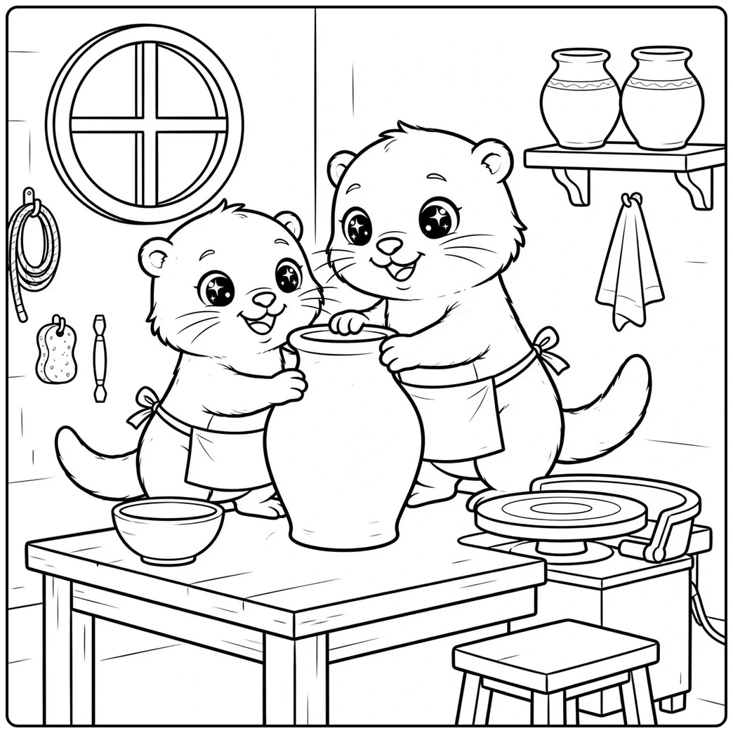 Two smiling otters work together on a clay pot at a pottery workshop.