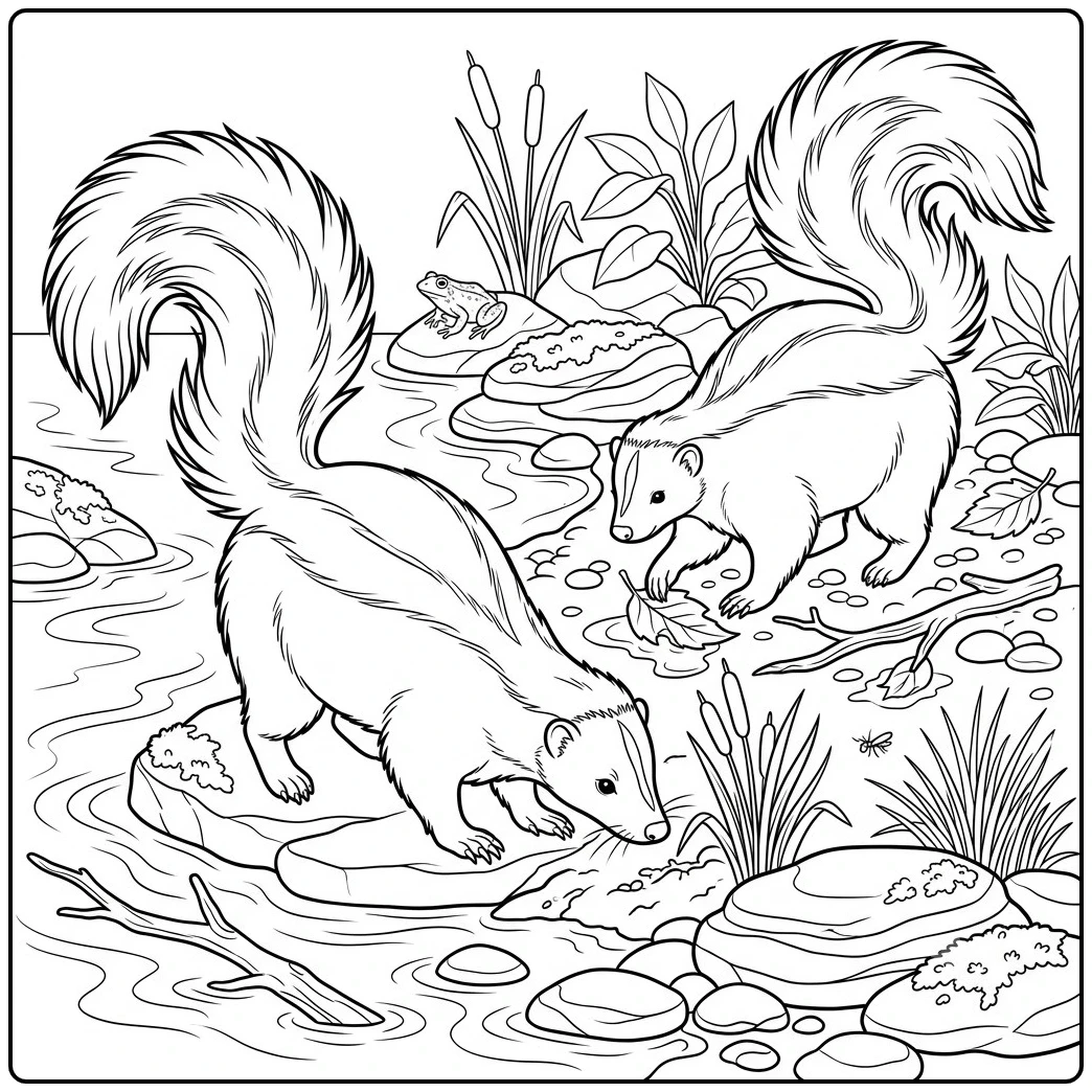 Two skunks forage along a rocky creek with cattails, a frog, and scattered branches