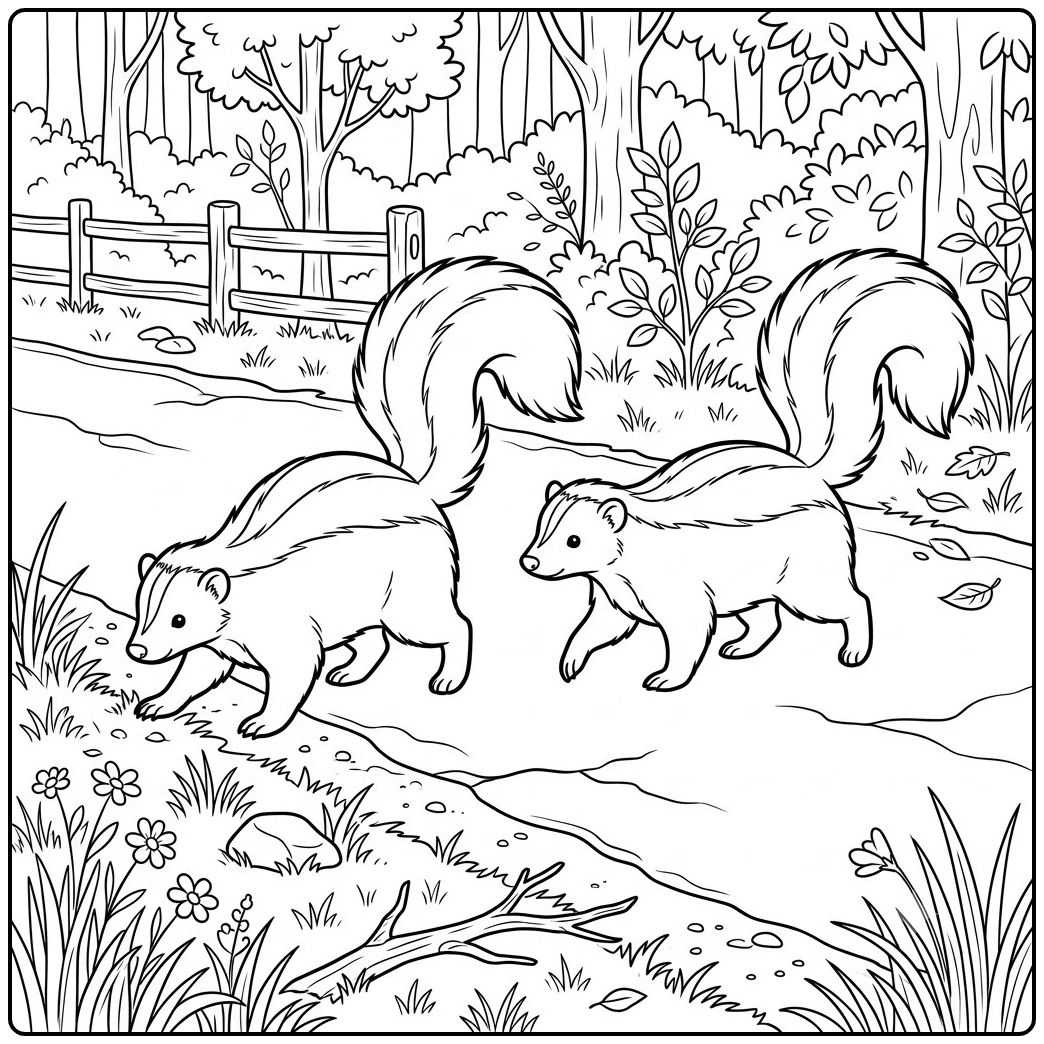 Two striped skunks cross a woodland road bordered by grass, flowers, and a fence