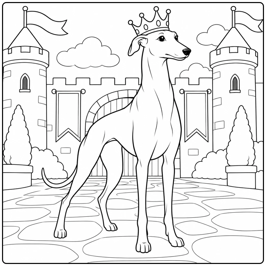 Regal greyhound coloring page with a crowned dog standing before a castle gate