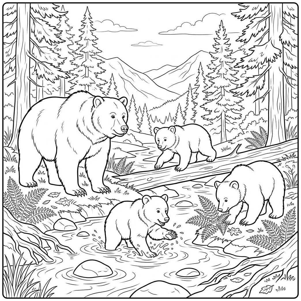 Mother grizzly watches three cubs exploring a woodland stream, fallen log, and ferns