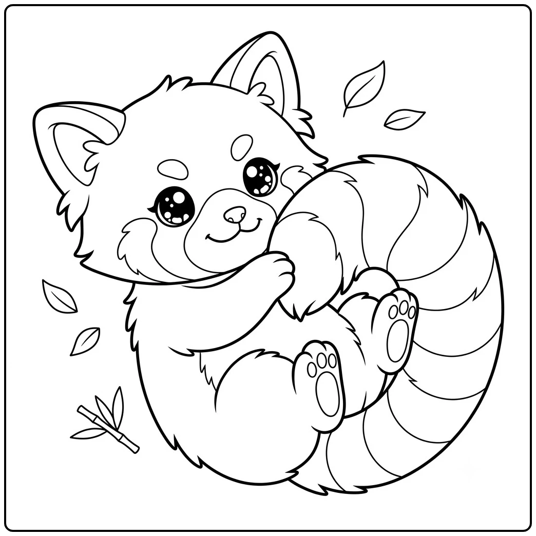 Sparkling-eyed red panda curled up while hugging its large striped tail