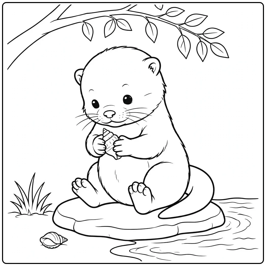 A young otter examines a small seashell while sitting on a flat riverside stone.