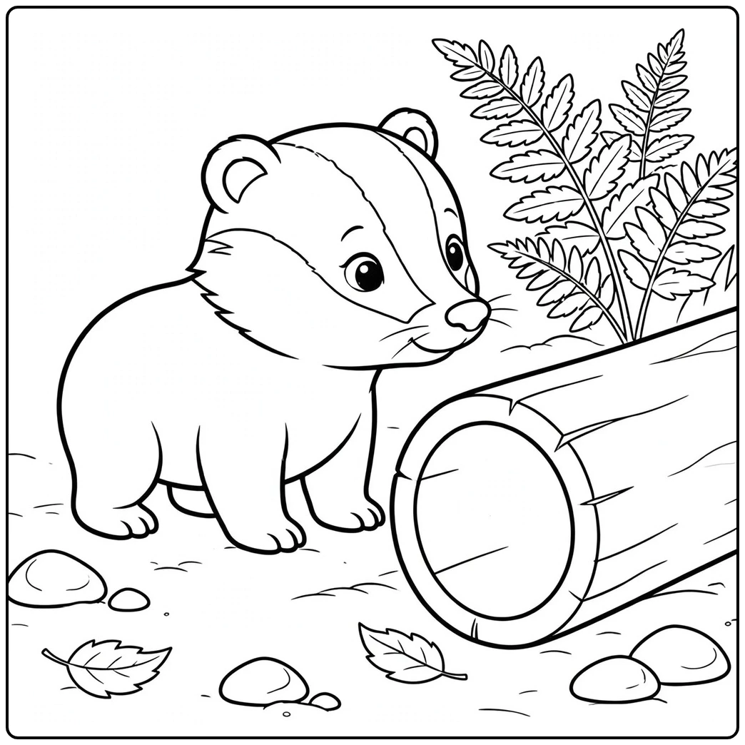 A curious cub inspects a hollow log beside ferns in this badger coloring page.
