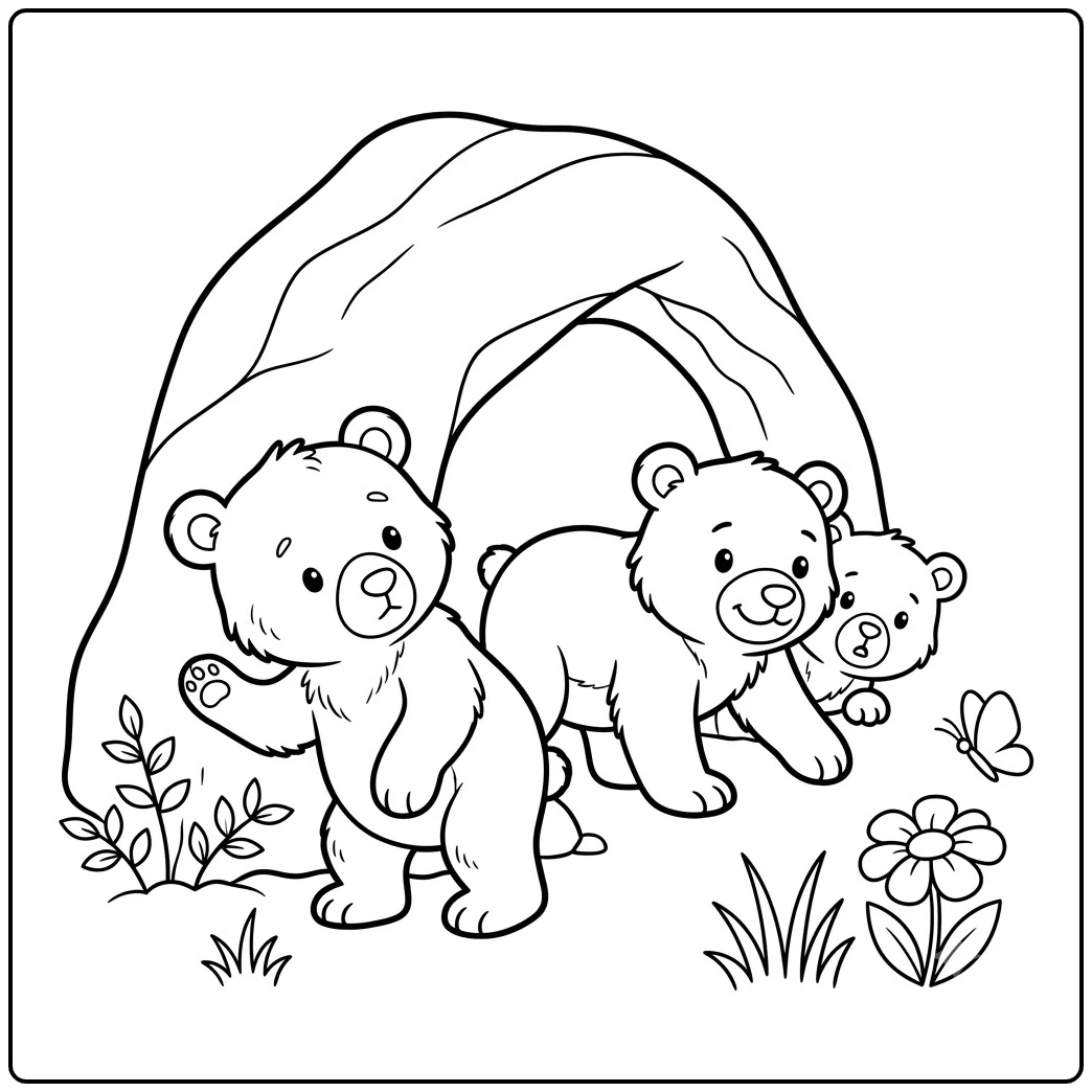 Three curious bear cubs emerge from a rocky cave beside flowers, grass, and a butterfly.