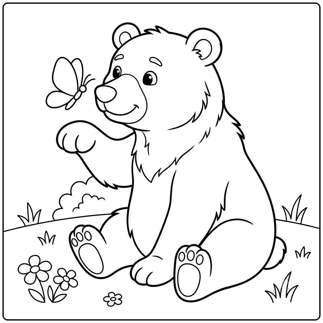 Seated bear watches a butterfly while resting among small flowers and simple grass.