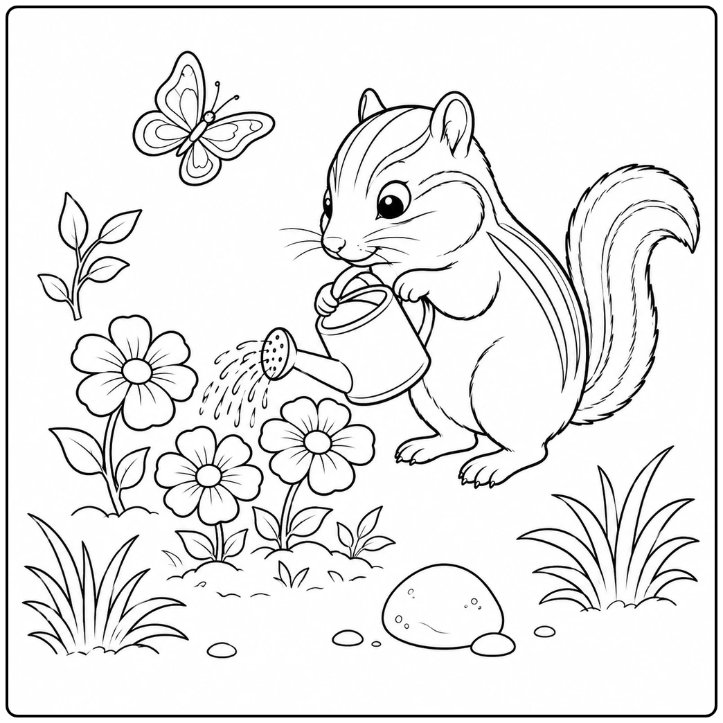 Curious chipmunk tending flowers with a butterfly hovering above the garden patch