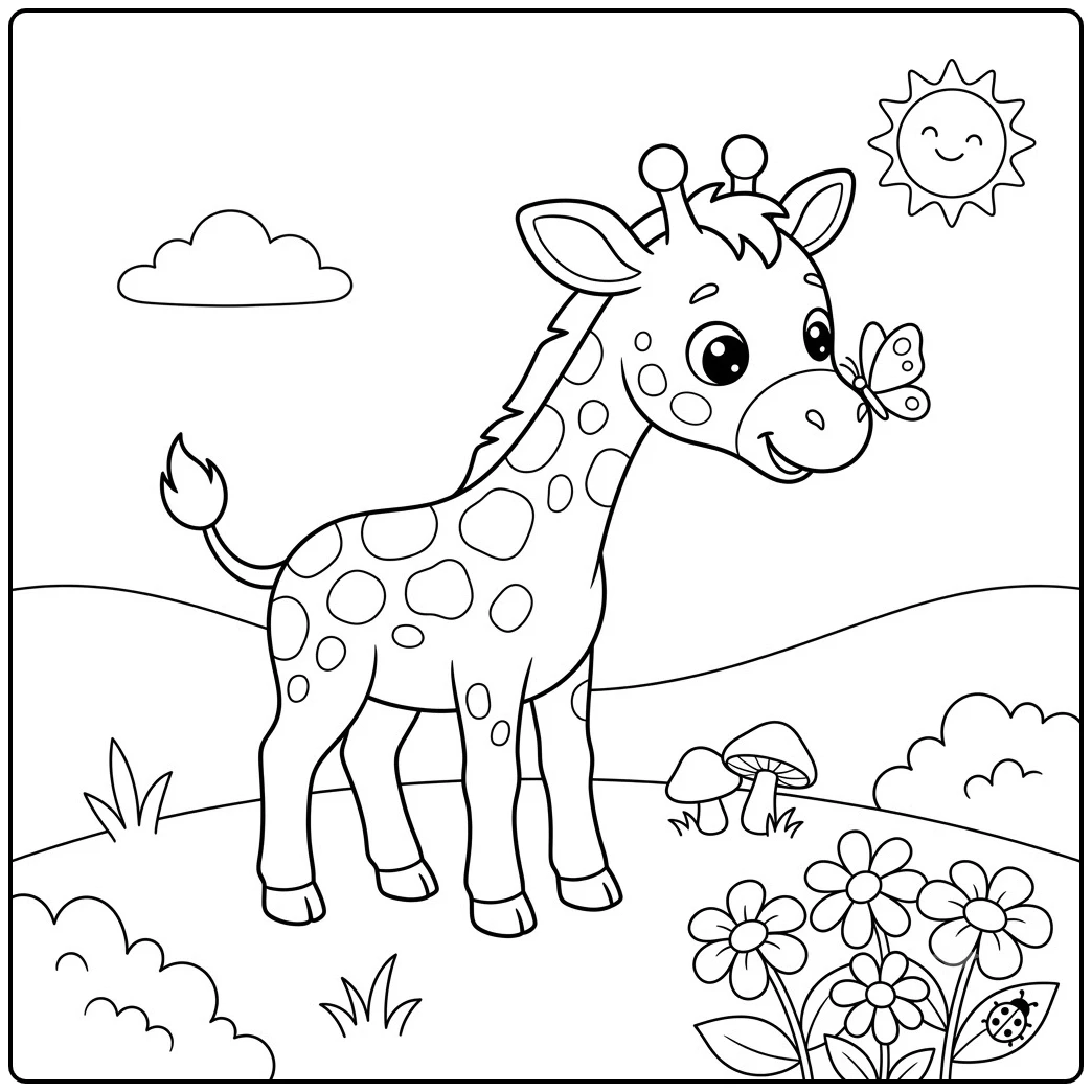 Curious young giraffe meets a butterfly among flowers in cute giraffe coloring pages.