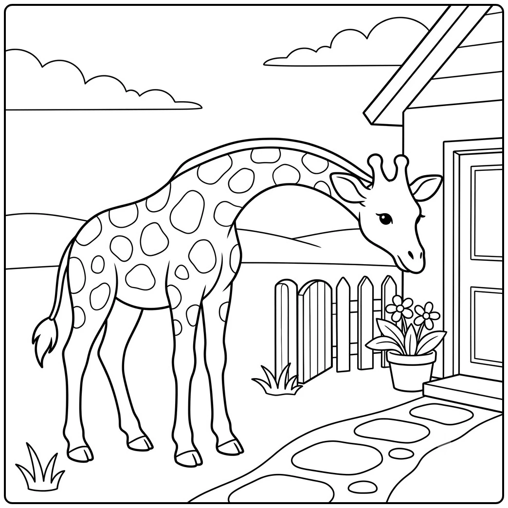 Curious giraffe visits a garden gate beside a house, flowers, and stepping stones