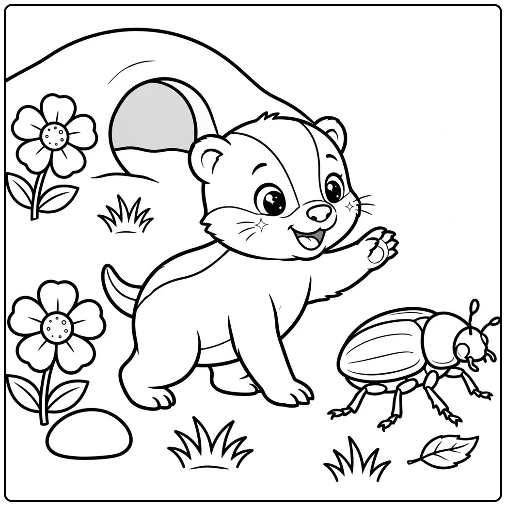 Wide-eyed honey badger cub reaches toward a beetle outside its flower-lined burrow.