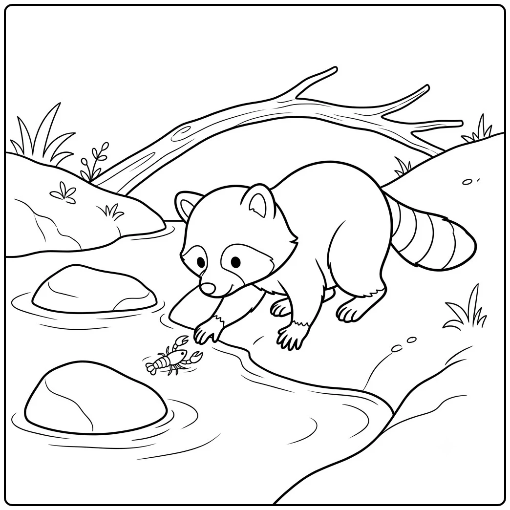 Young raccoon reaches toward a crayfish beside a shallow woodland creek
