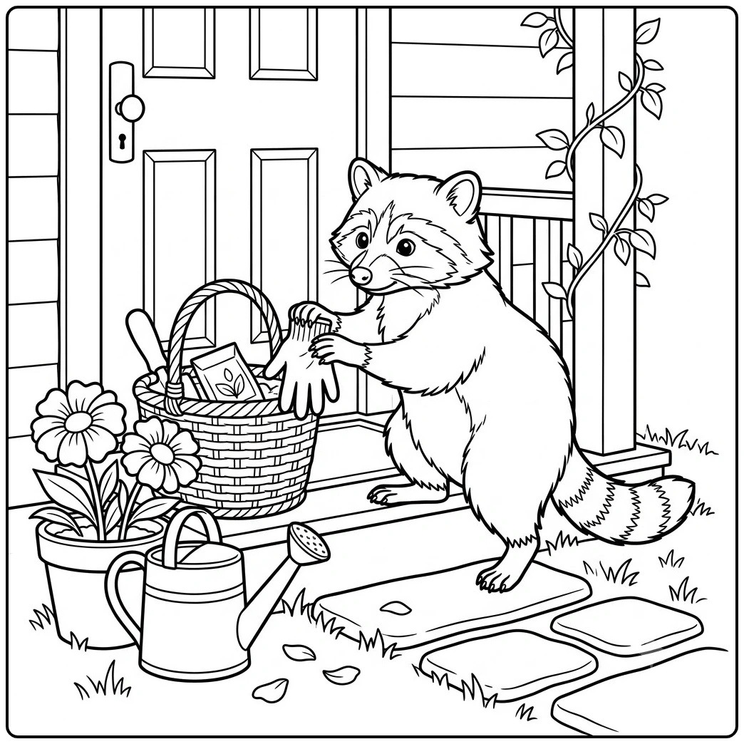 Raccoon pulls a gardening glove from a porch basket beside flowers
