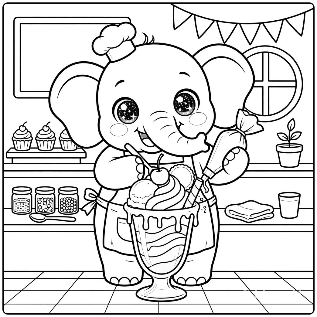 Big-eyed elephant chef prepares a tall ice cream sundae with toppings in a kitchen