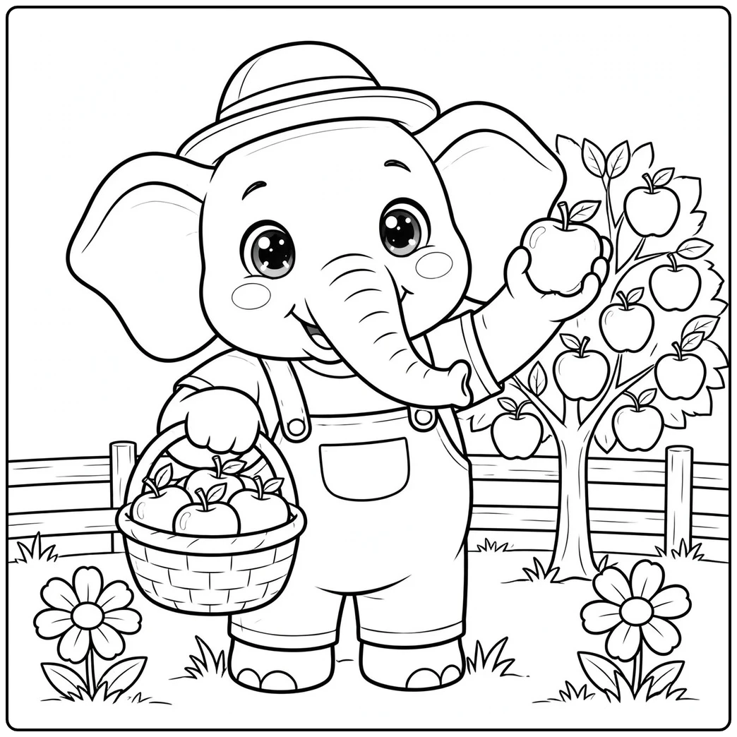 Big-eyed elephant farmer picks apples while holding a basket beside a fruit tree