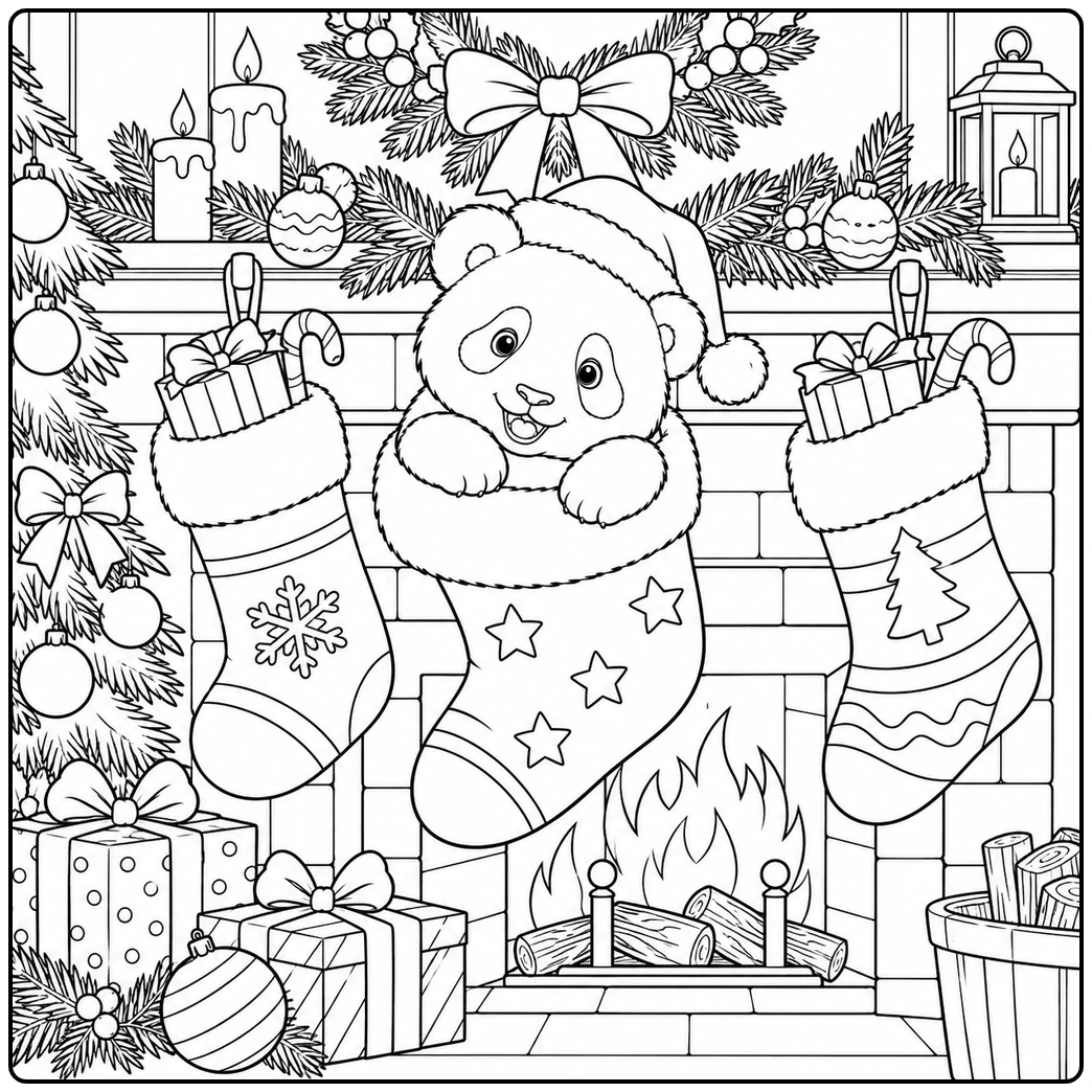 Little panda peeking out from a festive holiday stocking hung on the fireplace mantle.