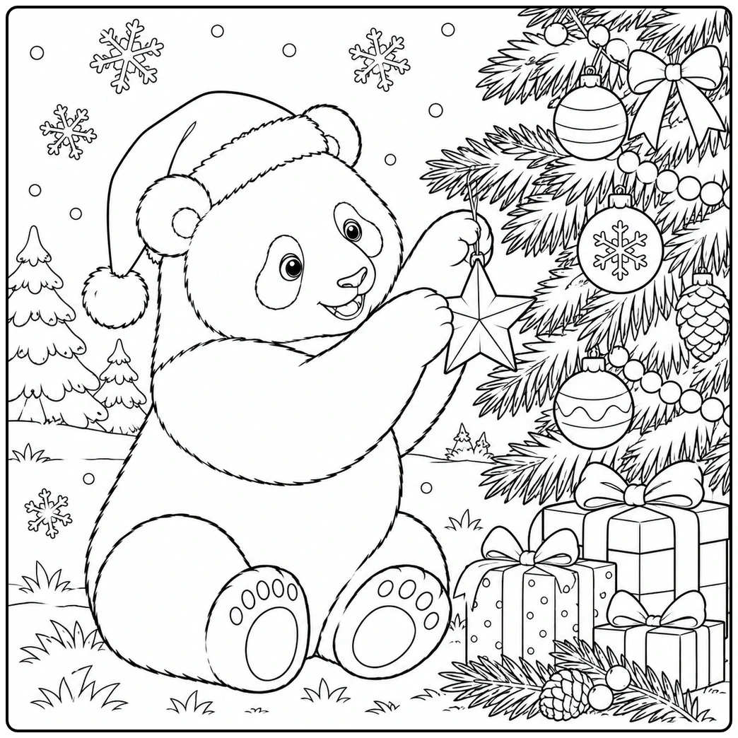 Bear wearing a Santa hat hanging a star ornament on a festive Christmas tree.