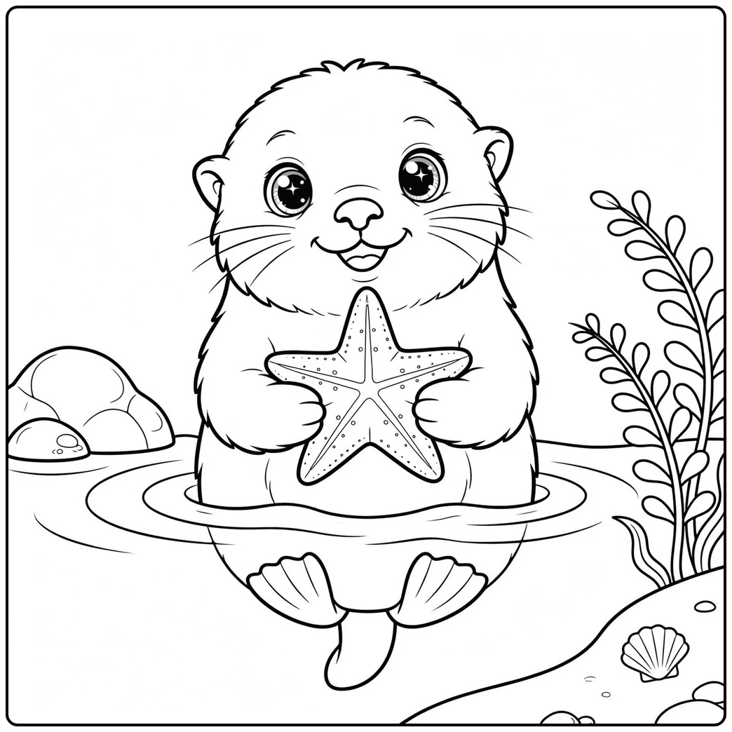 Smiling otter holds a starfish in this sea otter coloring page by the shore.