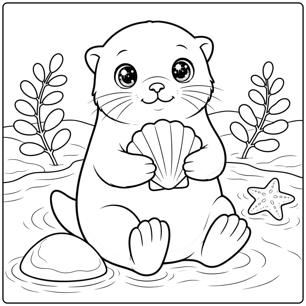 Smiling sea otter holds a scallop shell in shallow water beside a starfish.