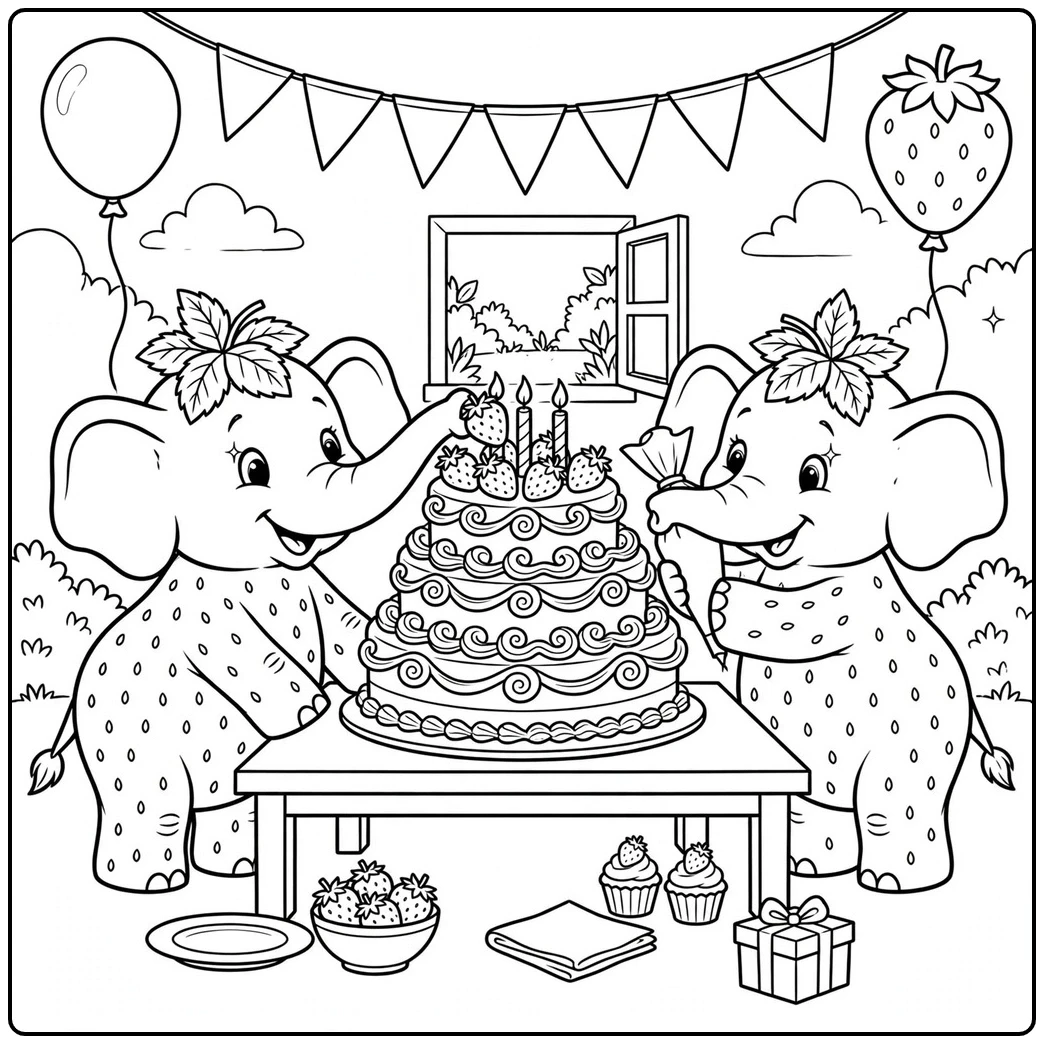 Strawberry Elephants decorate a tall birthday cake with berries, candles, and party balloons