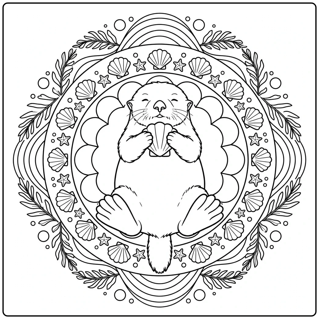 A seashell mandala surrounds the smiling otter in this otter coloring page.