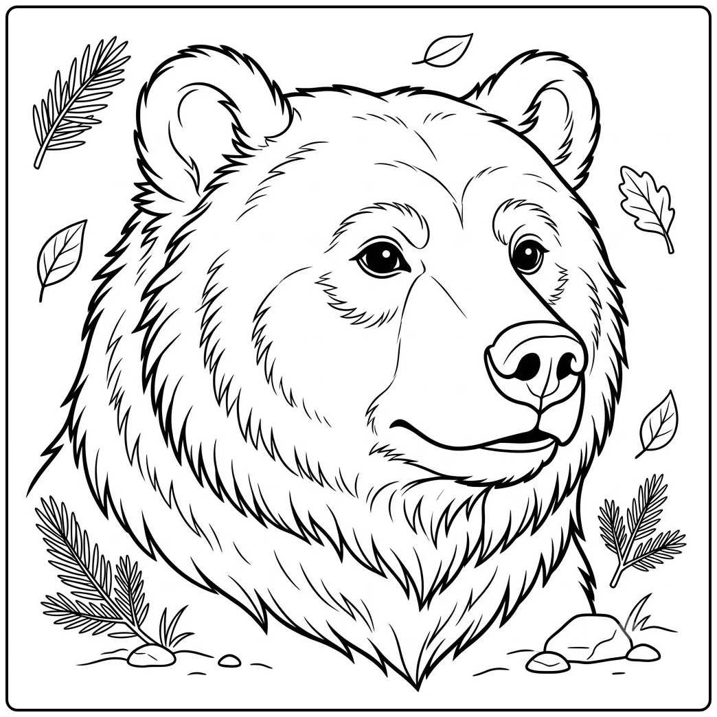 Detailed bear head portrait surrounded by pine sprigs, leaves, and small woodland rocks.