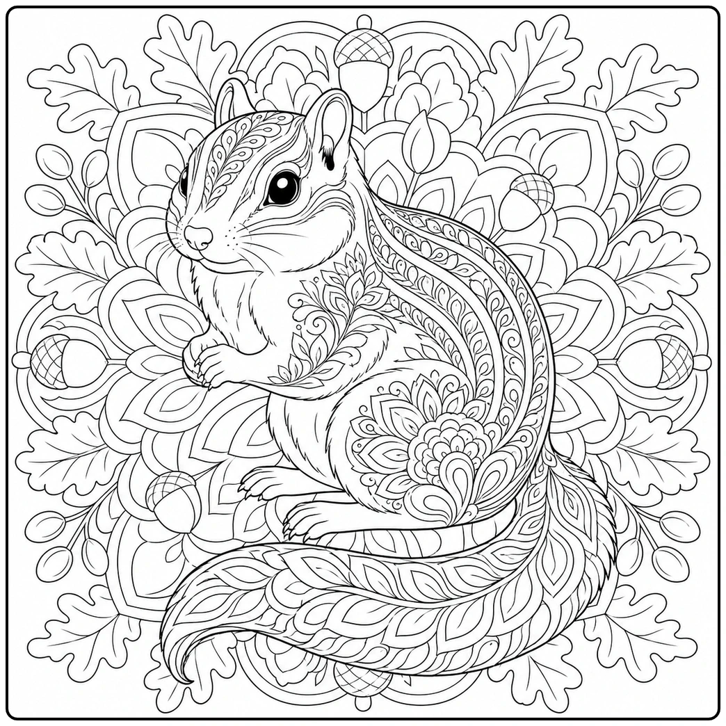 Detailed mandala chipmunk woven into layered leaves, acorns, petals, and flowing patterns