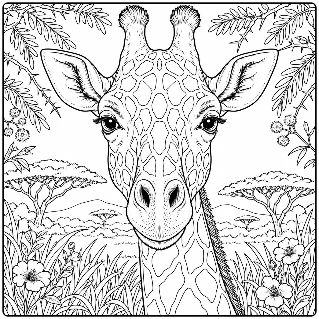 Front-facing giraffe face coloring page framed by acacia leaves, flowers, and grass