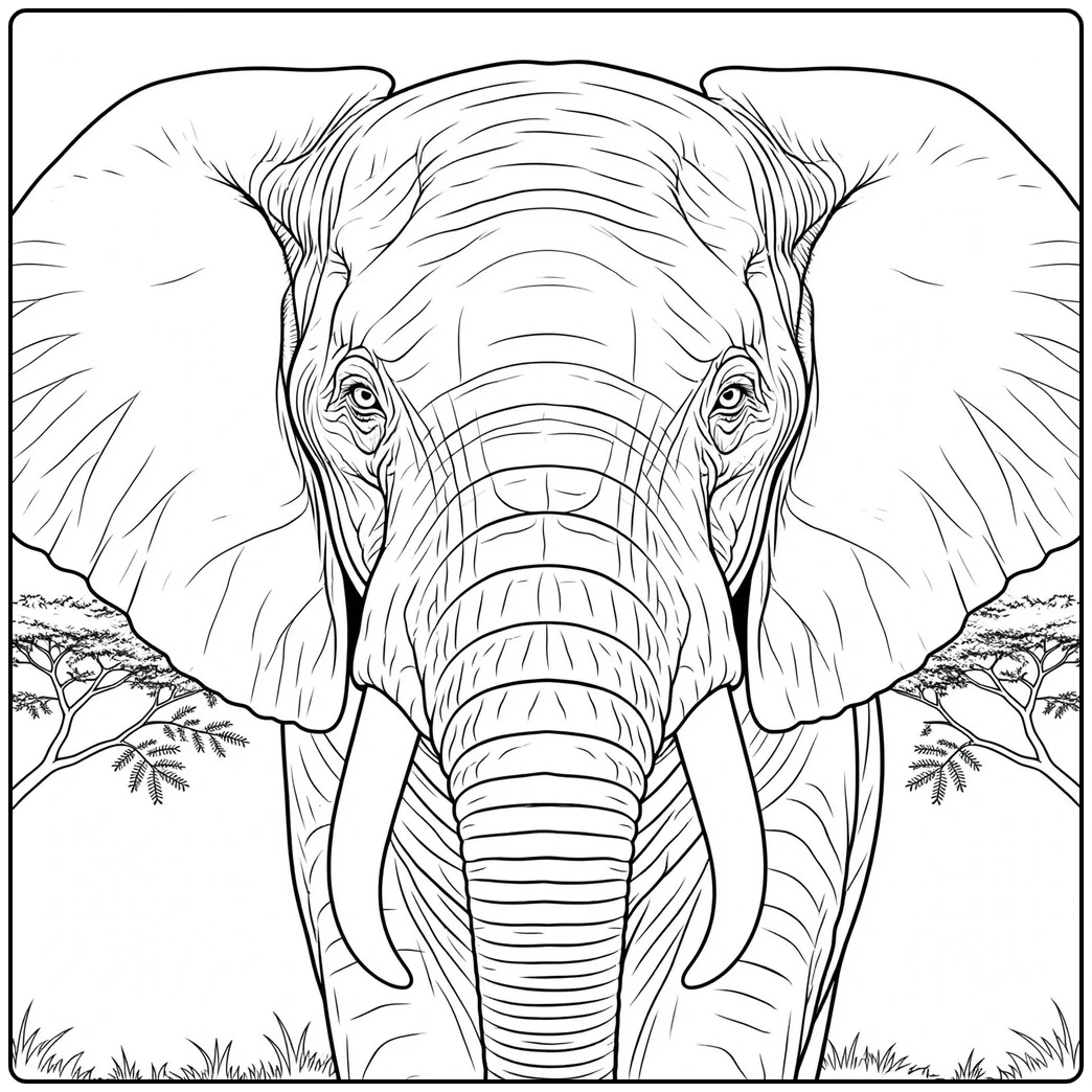 Detailed frontal elephant head coloring page with wide ears, long tusks, and trunk