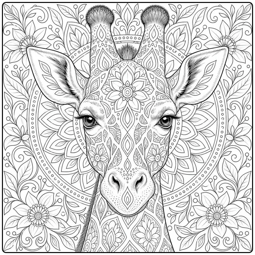 Front-facing giraffe portrait framed by an intricate giraffe mandala coloring page design
