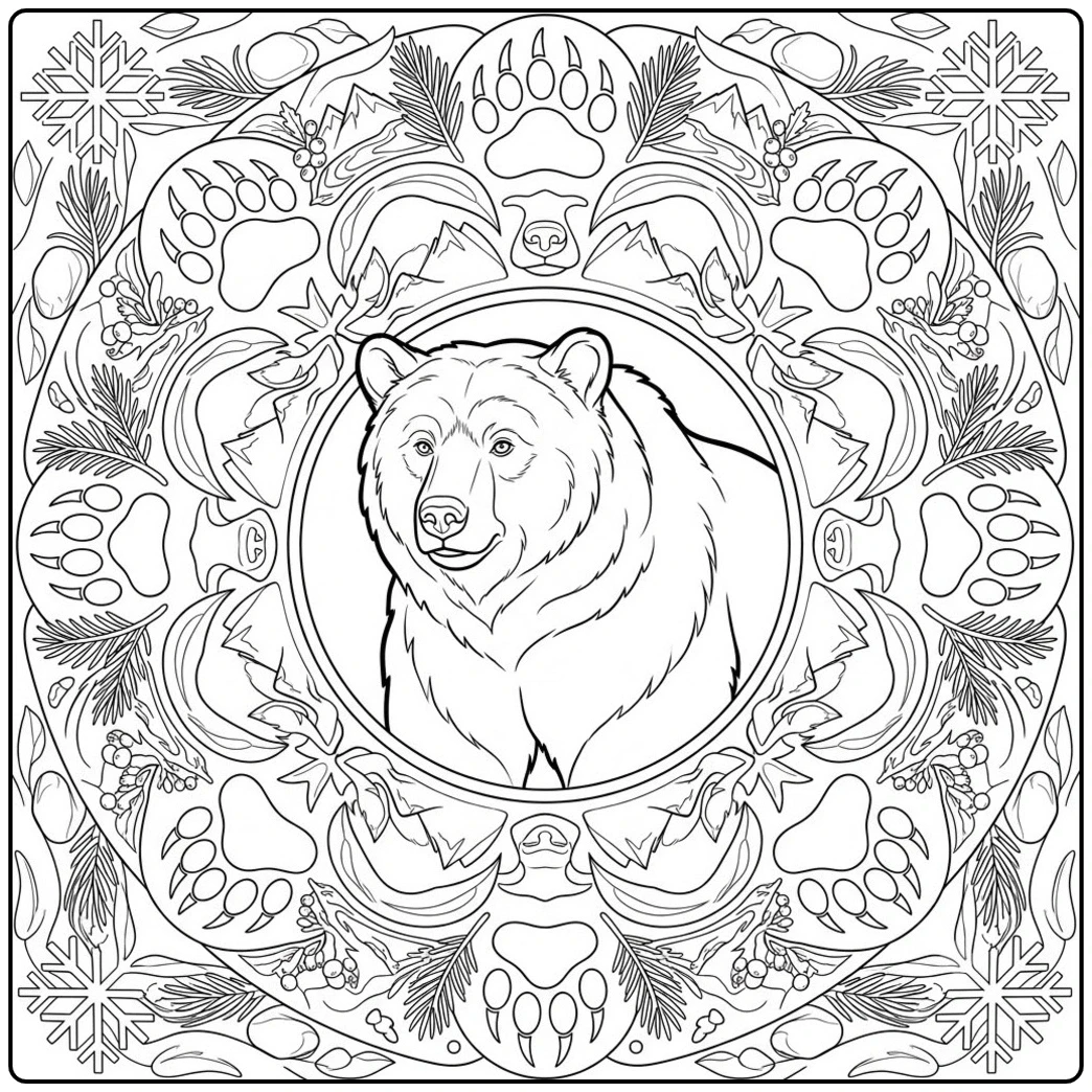 Detailed grizzly bear coloring page framed by paw prints, pine branches, and snowflake motifs