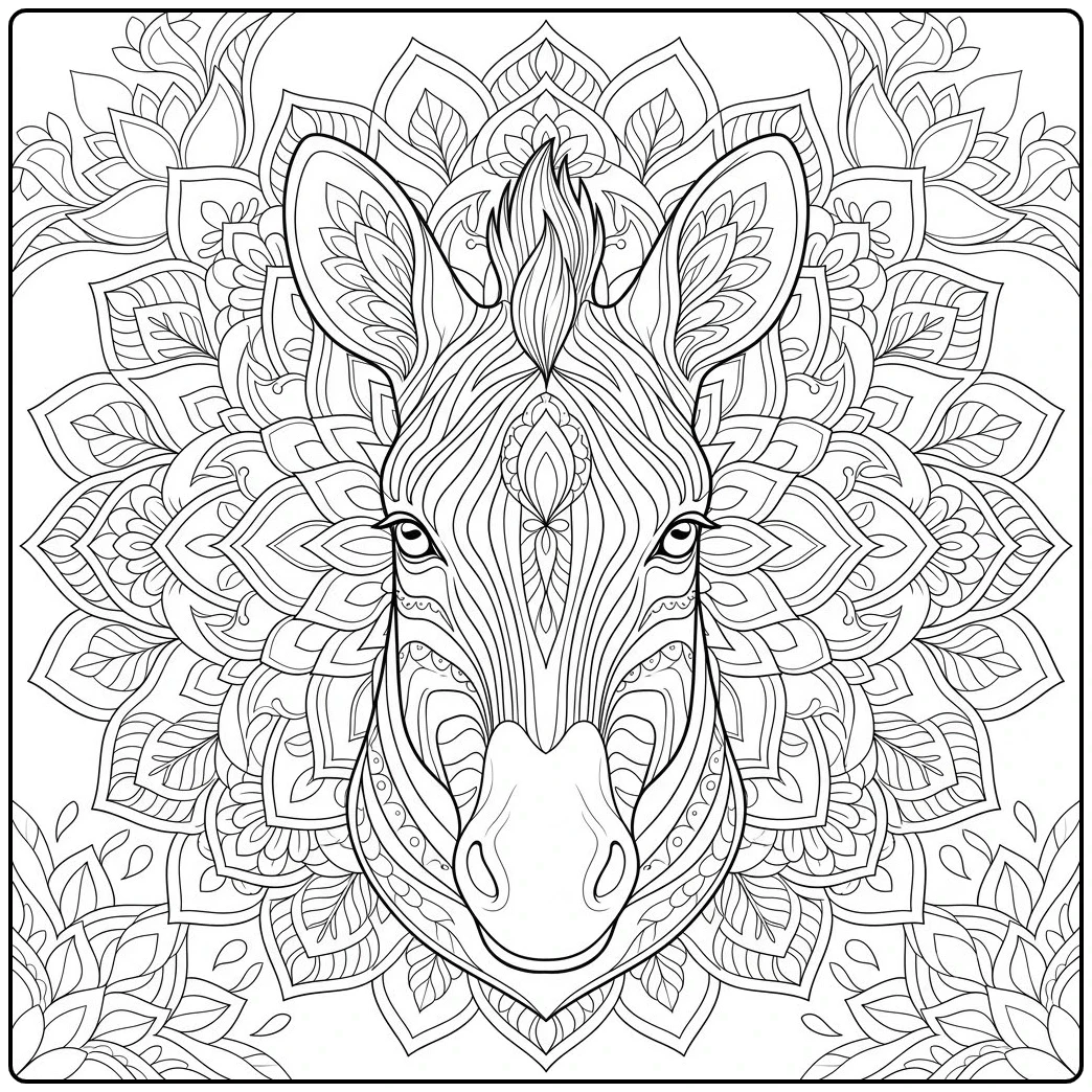 Detailed zebra coloring page features a front-facing zebra surrounded by floral mandala