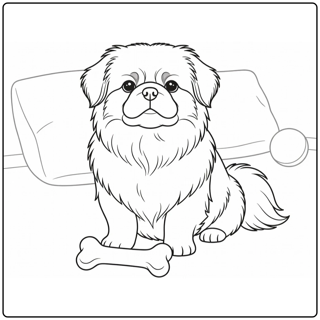 A large bone rests before the dog in this simple pekingese coloring page design