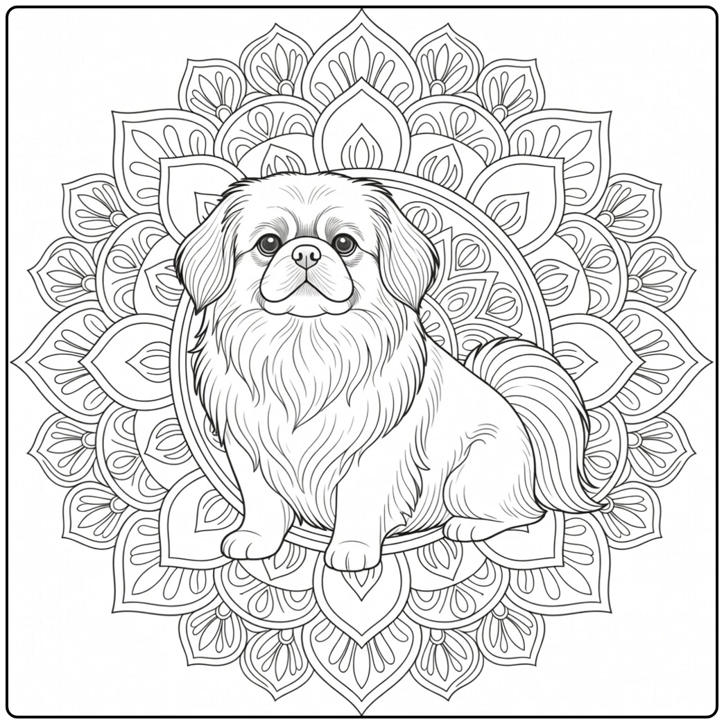 Seated Pekingese surrounded by layered petals in an ornate floral mandala