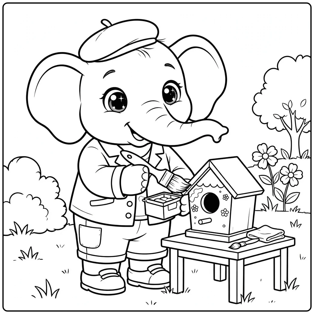 Anthropomorphic elephant paints a birdhouse at an outdoor worktable with brushes