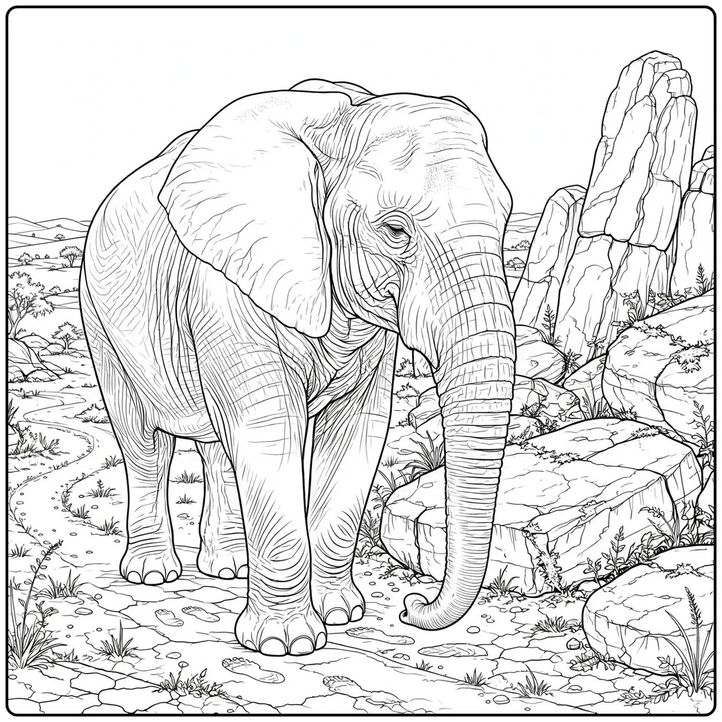 Large elephant walks beside weathered rock formations on a rugged open landscape
