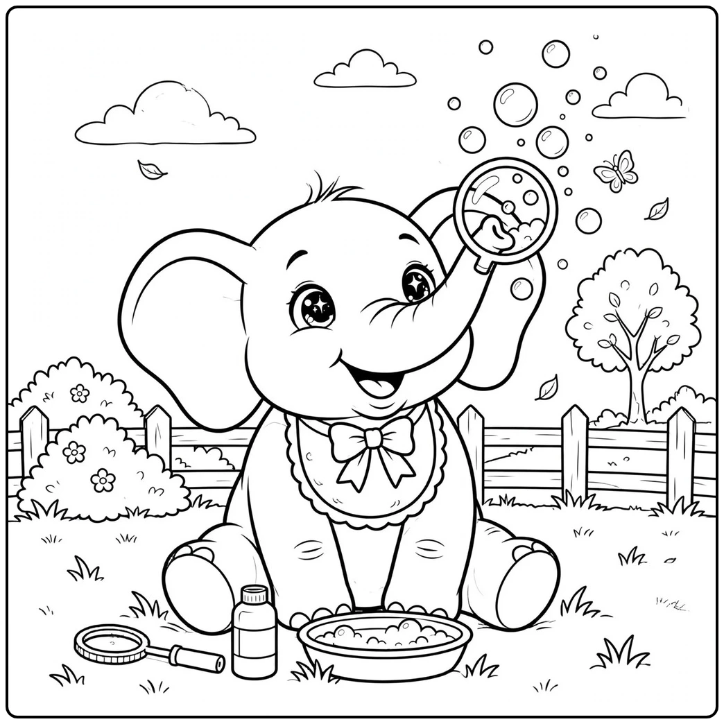 Baby elephant blows bubbles in a garden beside a bowl and bubble wand