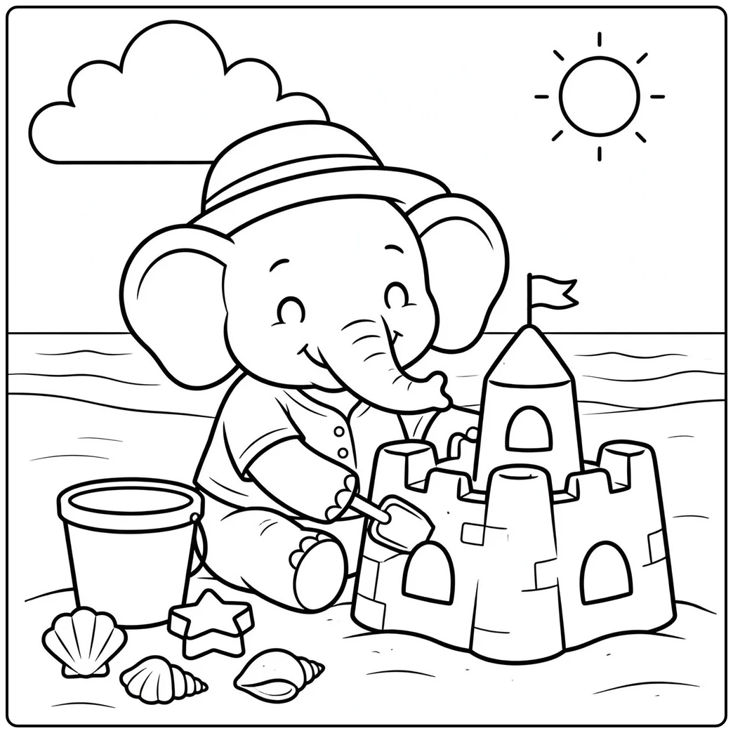 Beach scene with an elephant coloring page for kids building a sandcastle