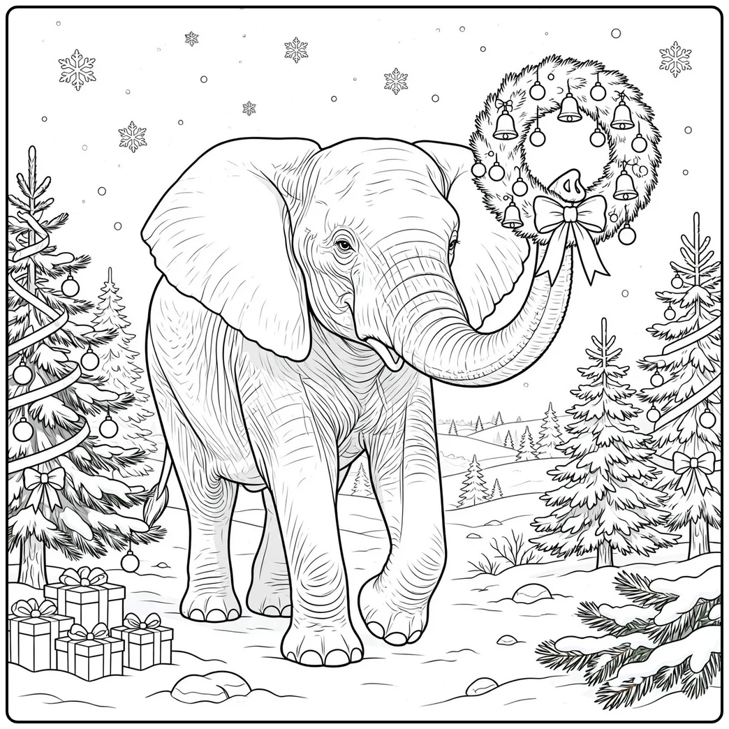 A snowy christmas elephant coloring page with a wreath, decorated pines, and gifts