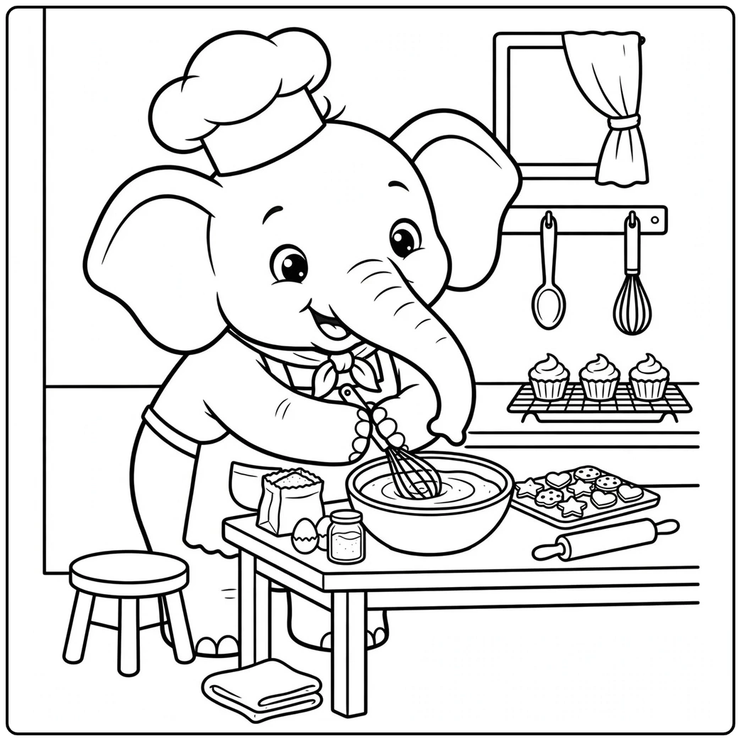 Elephant chef whisks batter at a kitchen table with cookies and cupcakes nearby