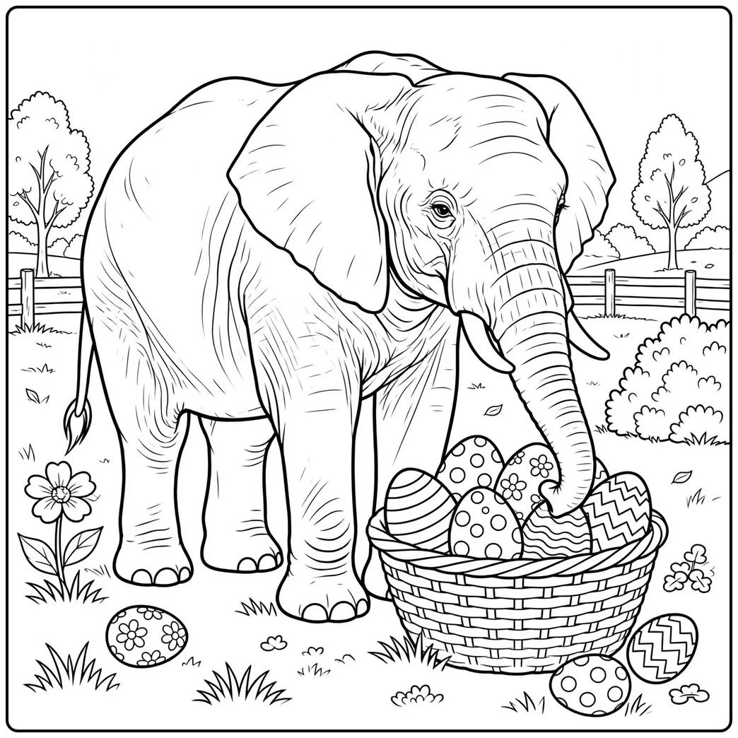 Elephant explores an easter elephant coloring page with a basket of patterned eggs