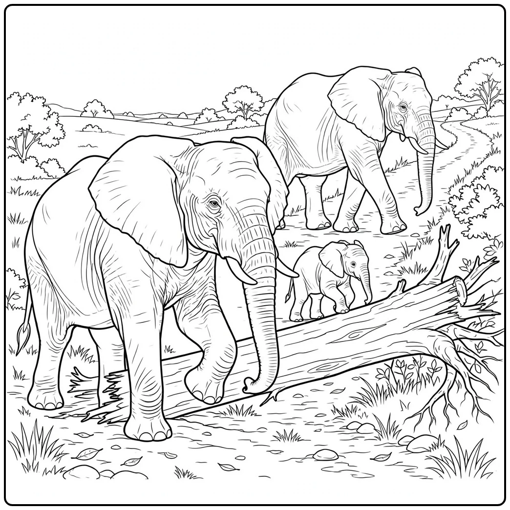 Three elephants navigate a fallen log along a grassy trail with open countryside behind