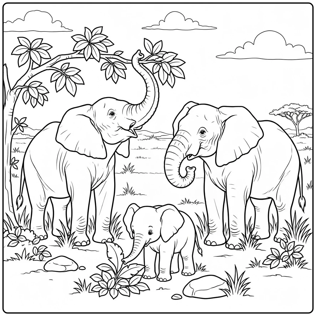 Elephant family forages as adults reach for leaves and a calf explores plants