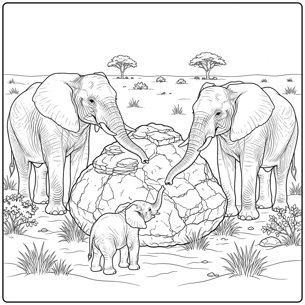 Two adult elephants and a calf gather around a large natural rock on open grassland